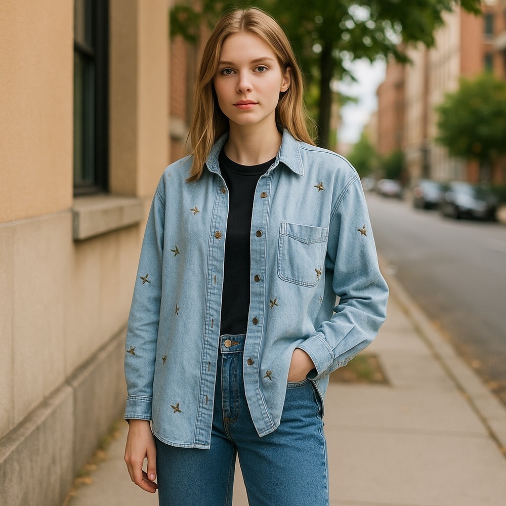 Northern Treasures Denim Casual Light Blue Button Down Shirt